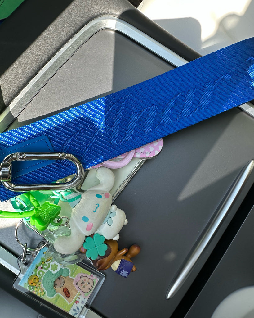 Blue strap with colorful charms and a carabiner on a metallic surface